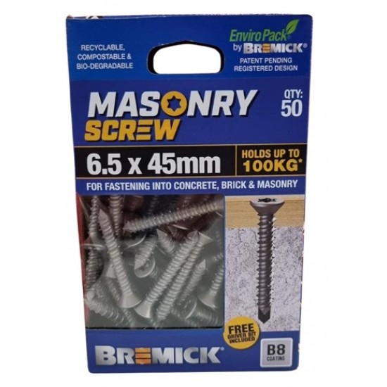 Bremick Masonry Screw 6.5 x 45mm B8 Galvanised CSK T30 - Qty: 50