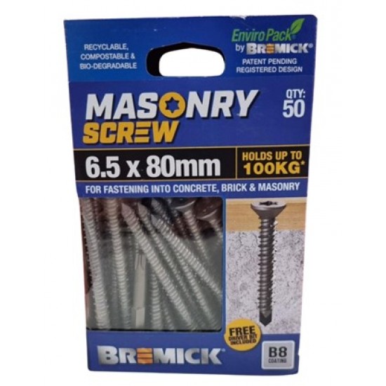 Bremick Masonry Screw 6.5 x 80mm B8 Galvanised CSK T30 - Qty: 50