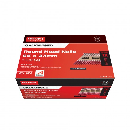 Delfast 65 x 3.1mm Ring Galvanised Round Head Nails + Fuel Pack - Box 1000