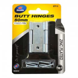 Butt Hinge Fixed Pin 50mm - Zinc Plated